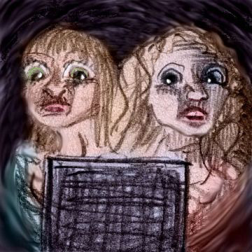 Sketch of a dream by Chris Wayan: Darkness. a TV we can't see lights two faces that look shocked.