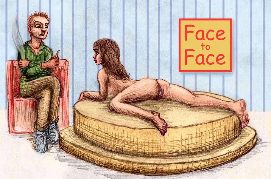 Sketch of a dream by Chris Wayan: a girl on a rotating dais is interviewed on 'Face to Face' about her mirrored vagina.