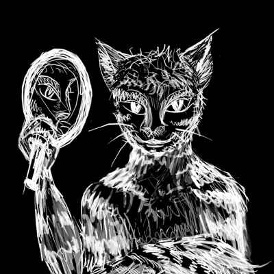 Me as a cat-man, white lines on black, with shading all wrong, like a photo negative.