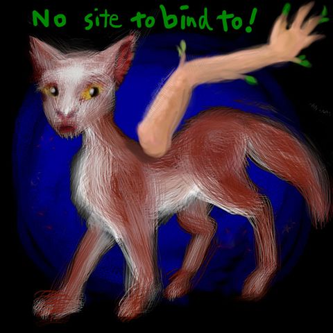 A Shelty dog looks uneasy. An armlike branch floats above her--a prosthetic arm? Words: 'No site to bind to.' Dream sketch by Wayan.'