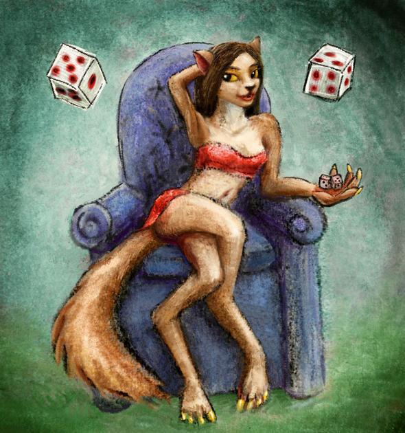 A wolf girl with dice; sketch by Chris Wayan of scene from Alec Dean Foster's 'Spellsinger'. Click to enlarge.
