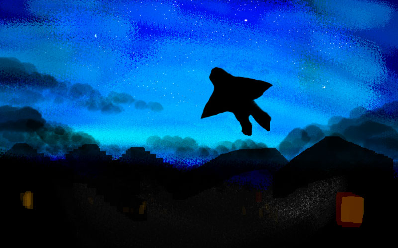 Sketch of a dream by Chris Wayan: silhouette of a flier using a jacket as stubby wings, in a dim predawn sky.