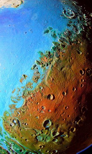 Orbital photo of a terraformed Mars 1000 years from now: Cydonia, east of Chryse. Model by Wayan. Click to enlarge.