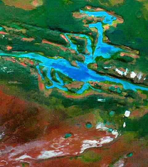 Orbital photo of a terraformed Mars 1000 years from now: central Mariner complex.