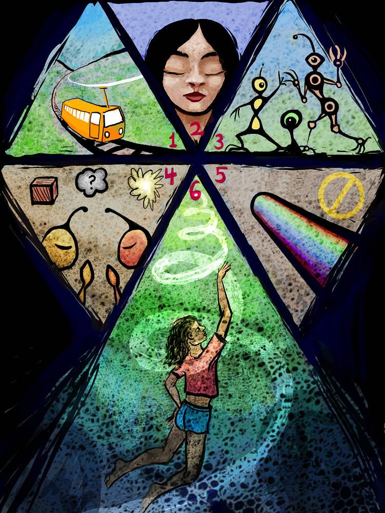 Mucha's Joke: hexagonal sketch of a six dreams by Wayan.