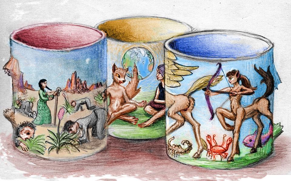 scenes of animal people on 3 mugs; dream sketch by Wayan. Click to enlarge.