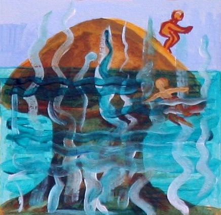 swimming and diving off a giant mushroom; dream painting by Jenny Badger Sultan