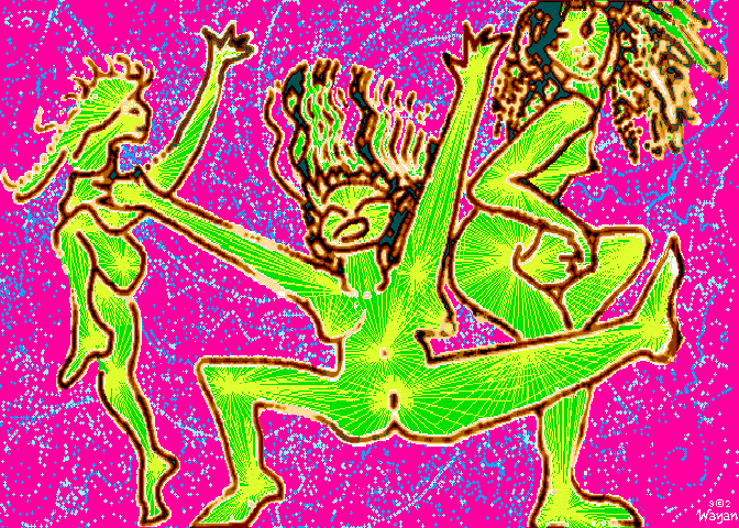 Three scribbly, fluorescent goddesses dance naked.