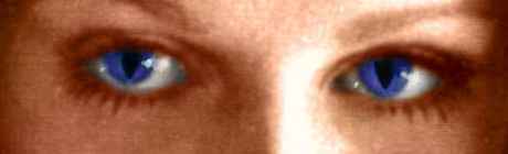 A woman's eyes: deep blue with slit pupils.
