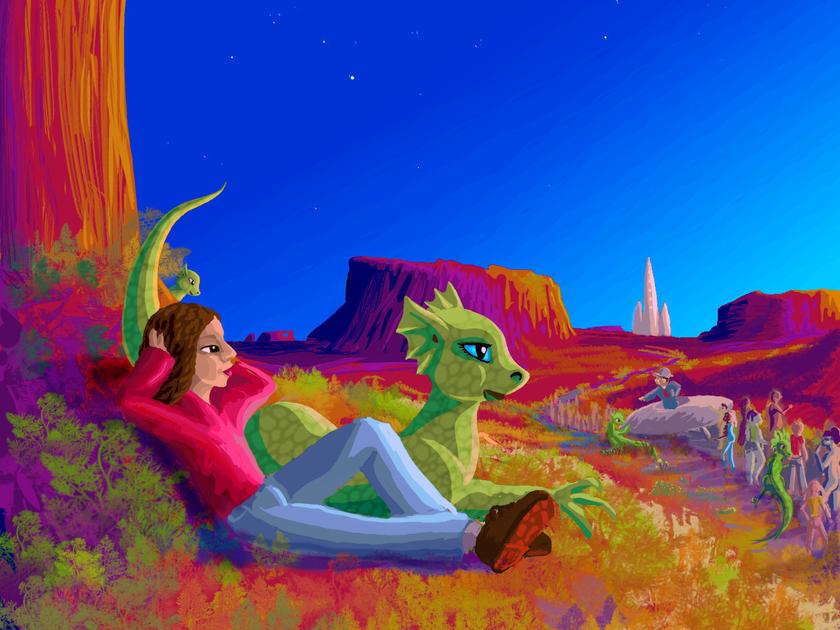Chat with scaly aliens in a desert at dusk. Dream sketch by Wayan. Click to enlarge.