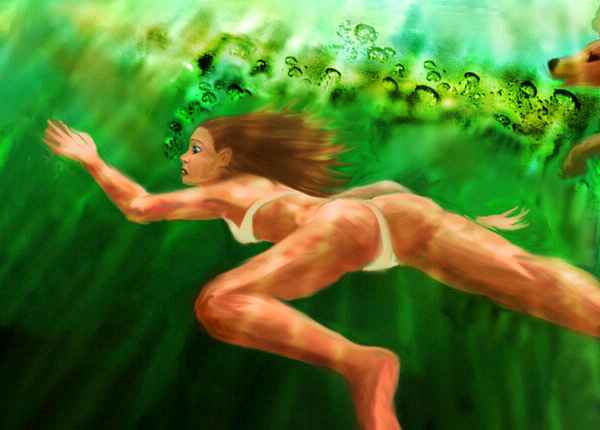 Dream: I swim with a girl and her dog named God, but in the green water, she loses God. Click to enlarge.