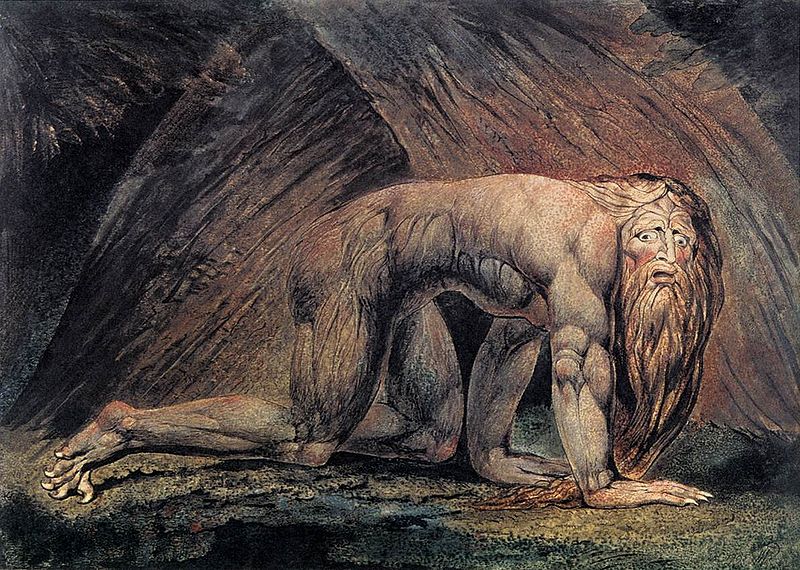 Drawing by William Blake: King Nebuchadnezzar during his seven years of madness: naked, crawling, his nails grown long as claws, his eyes haunted.