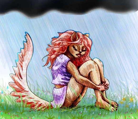Catgirl alone in rain, from comic 'Pentalemma' by Wayan. Click to enlarge.