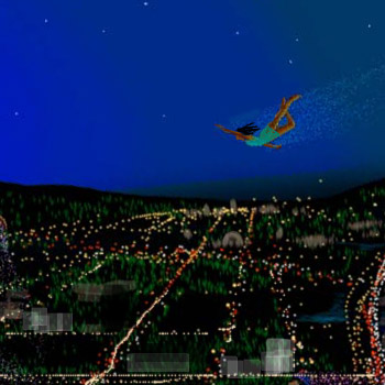 Digital sketch of a dream by Chris Wayan: woman flying over a city at night.