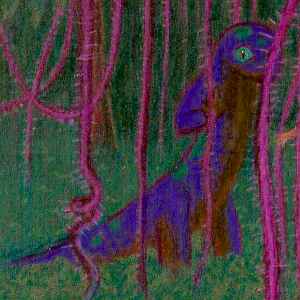 Drawing drawing of a large purple newt standing upright in a jungle with pink vines.