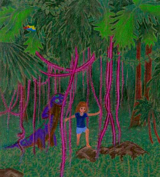 Drawing of a small child pushing aside pink vines to guide a large purple newt through a jungle