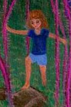 Drawing of a child stepping onto a rock in a jungle