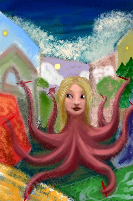Nic Griffin as an octopus painting with eight hands. Dream sketch by Wayan. Click to enlarge.
