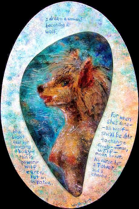 Acrylic painting of a dream by Chris Wayan: a woman gradually mastering the power to become a wolf. Click to enlarge.