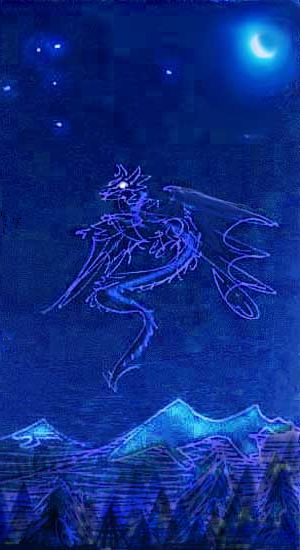 A distant dragon in flight , seen in blue dusk-light.