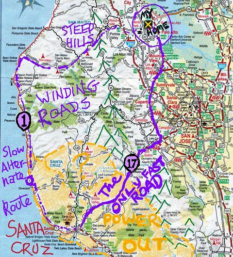 Map of the few routes from Santa Cruz to Silicon Valley.