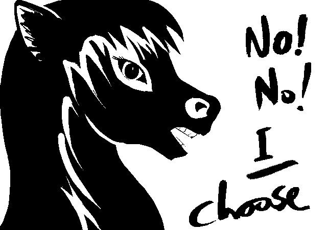 Black mare shouting 'No, I choose!'