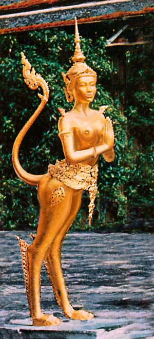 Golden statue of a norasingh (a Thai guardian spirit, half-lion, half-human). Dream sketch by Wayan based on a photo by M.B. Grosvenor. Click to enlarge.
