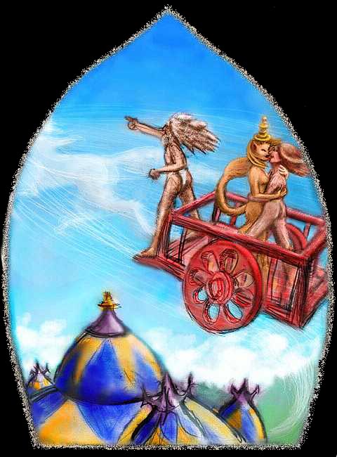 Dream: a mad yogi flies a red magic cart over Thai temples, carrying me and a Norasingh, a golden lion-woman.