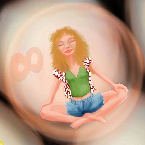 Psychodrama actor Lucinda as an orange and cream particle sitting zazen in the heart of an atom. Dream sketch by Wayan.