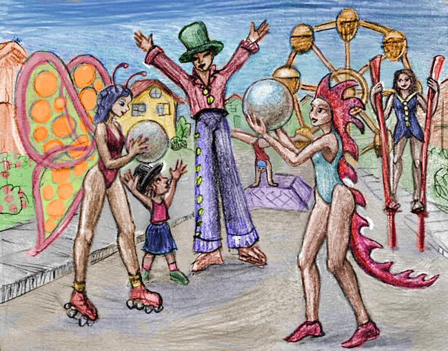 Circus girls dressed as a butterfly and a dragon hold up beachball-size pearls. Dream sketch by Wayan. Click to enlarge.
