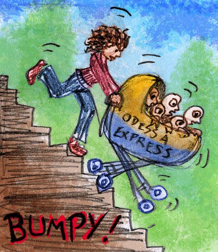 I bounce a stroller down a steep stair. Dream sketch by Wayan. Click to enlarge.