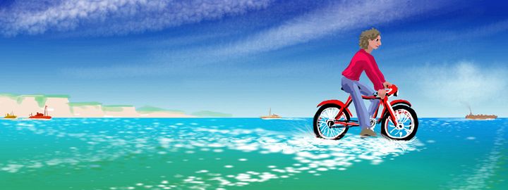 I bike across the English Channel; digital dream sketch by Wayan. Click to enlarge.