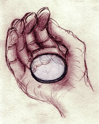 Sketch of a dream by Wayan: Oh Wait 2. A hand holding a large blank silvery disk.