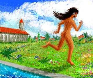 Sketch of a dream by Wayan: Oh Wait 6. A nude woman with black hair looks back smiling as she runs off over a lawn.