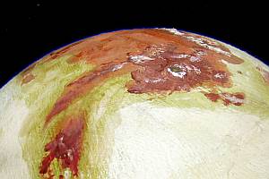 Small orbital photo of the Isle of Brigid and the Brigid Range on Oisin, a model of a Europan moon bearing life under the ice.