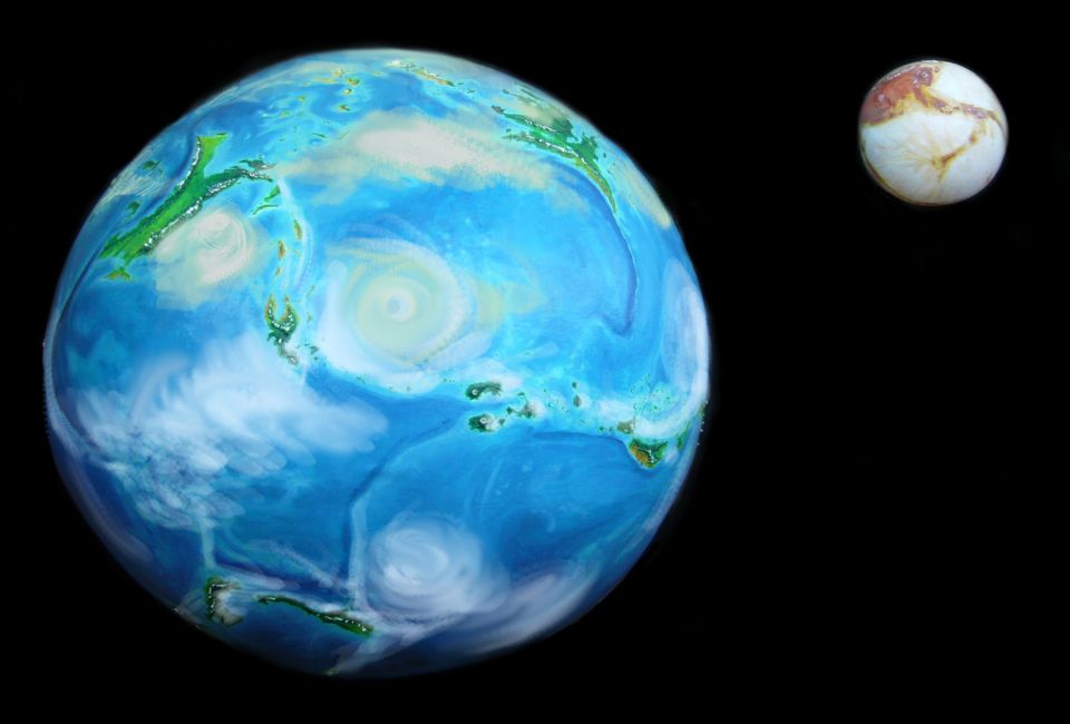 Lyr, a big sea-world, with its giant moon Oisin, like a patchwork of Mars and Europa. Click to enlarge.