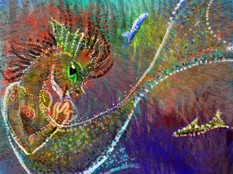 A digital sketch of a sort of mer-seahorse, with spines and a scheming grin, in the flickering rainbow light of the reefs of Oisin, a large moon with ice-covered seas.