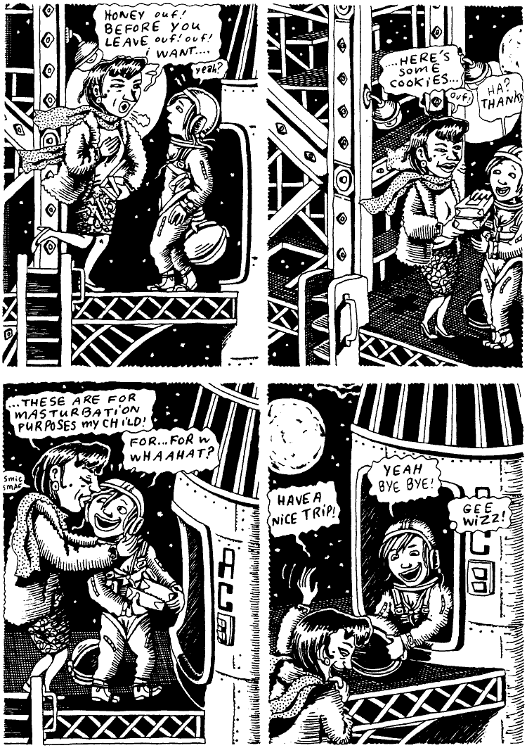 Black and white comic of a dream by Julie Doucet. Her mom gives her a farewell present for her spaceflight: masturbation cookies.
