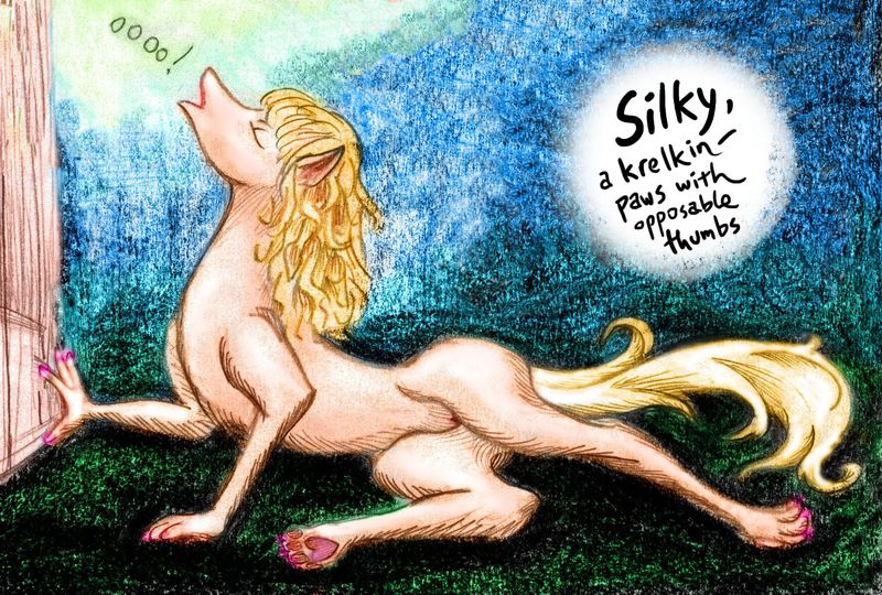 Silky, a Krelkin, horselike but having paws with opposable thumbs. Dream sketch by Wayan. Click to enlarge.
