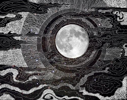 Full moon and clouds; collage by Catshall.