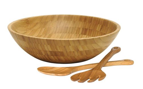 Wooden salad bowl with matching spoons.