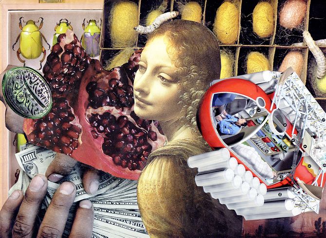Renaissance portrait of blonde, scarabs, silkworms, pomegrate seeds, hundred-dollar bills and a research submarine. Collage by Catshall. Click to enlarge.