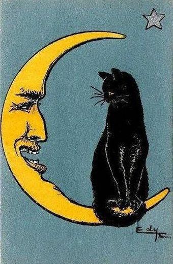 Black cat against yellow crescent moon, drawing by Edy Parsons?