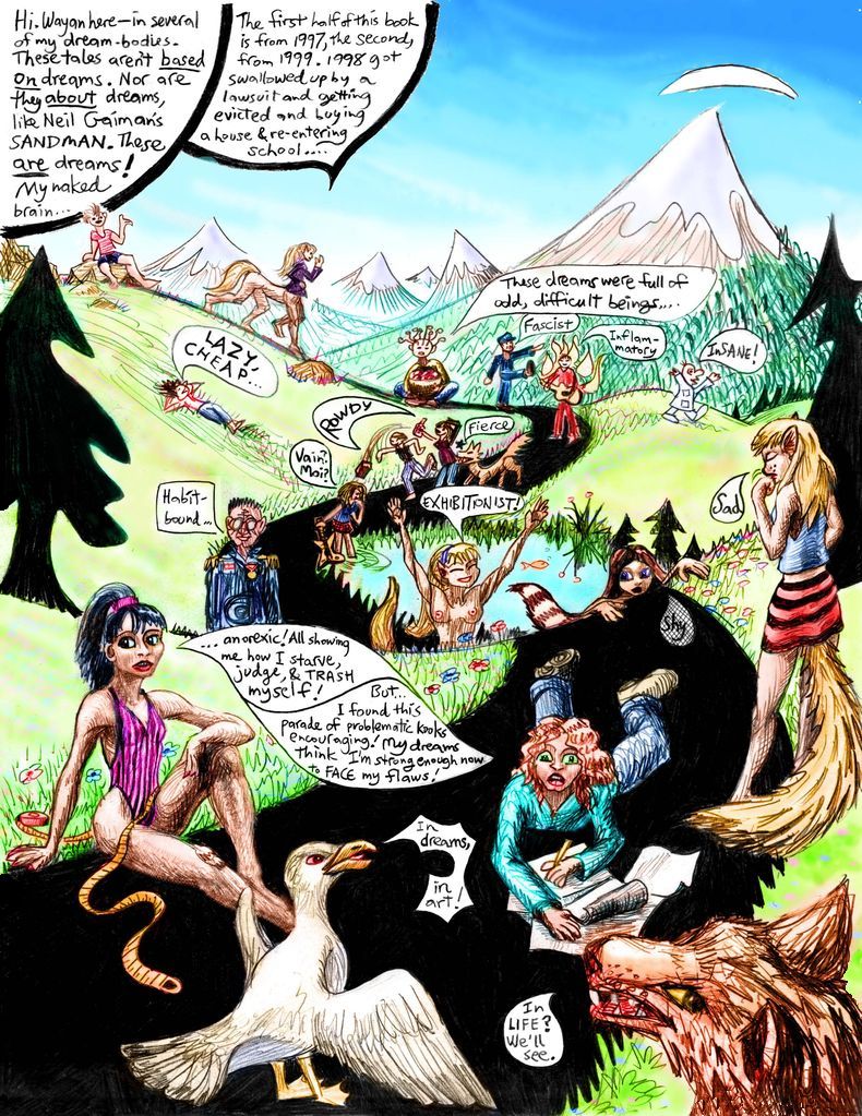 Introduction to 'Open Your Cage', a dream-comix collection  by Wayan. Dream-creatures tell their stories on a road through an alpine meadow. Click to enlarge.