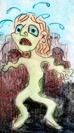 Scared greenish wobbly figure speaks. Sketch by Wayan.