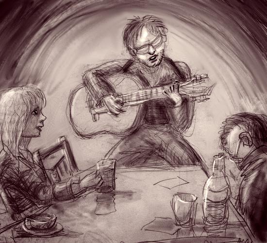 Guitarist and audience; cafe sketch by Wayan.
