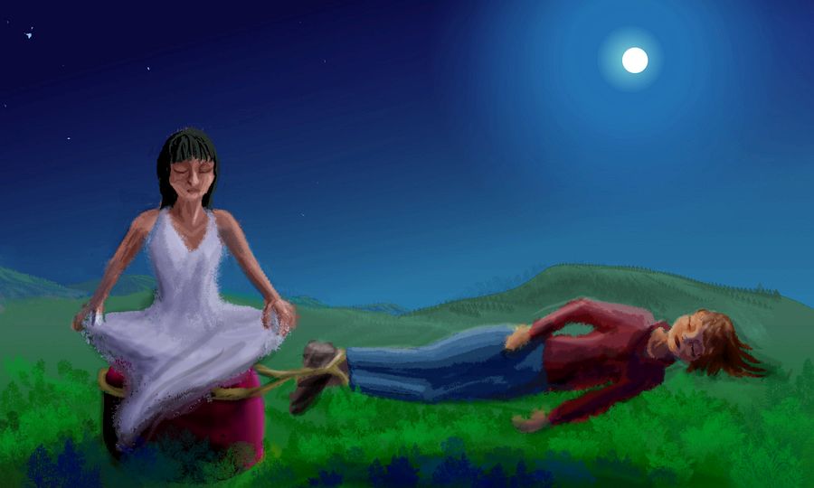 Moonlight. My mom sits on a cylinrical hassock. I float horizontally, tied to the pillow by my feet. Dream sketch by Wayan. Click to enlarge.