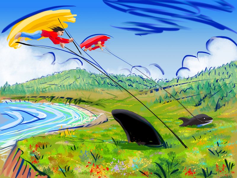 Orcas tow hang gliders through coastal meadows. Dream sketch by Wayan. Click to enlarge.