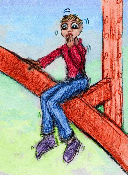 I sit nervously on the girders of a high steel bridge. Dream sketch by Wayan.