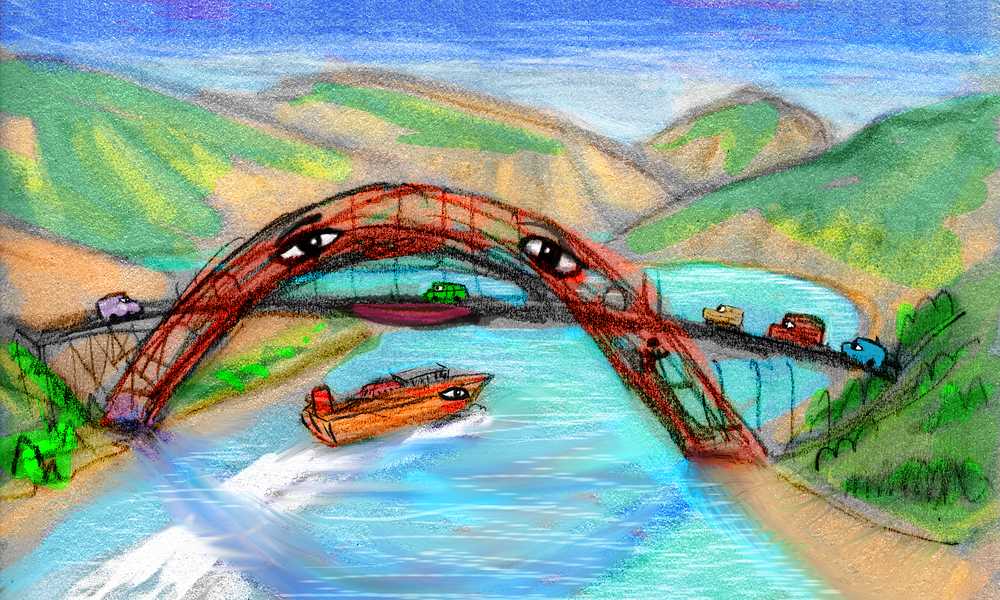 Trucks cross a bridge; a barge passes beneath; all have eyes. Dream sketch by Wayan.